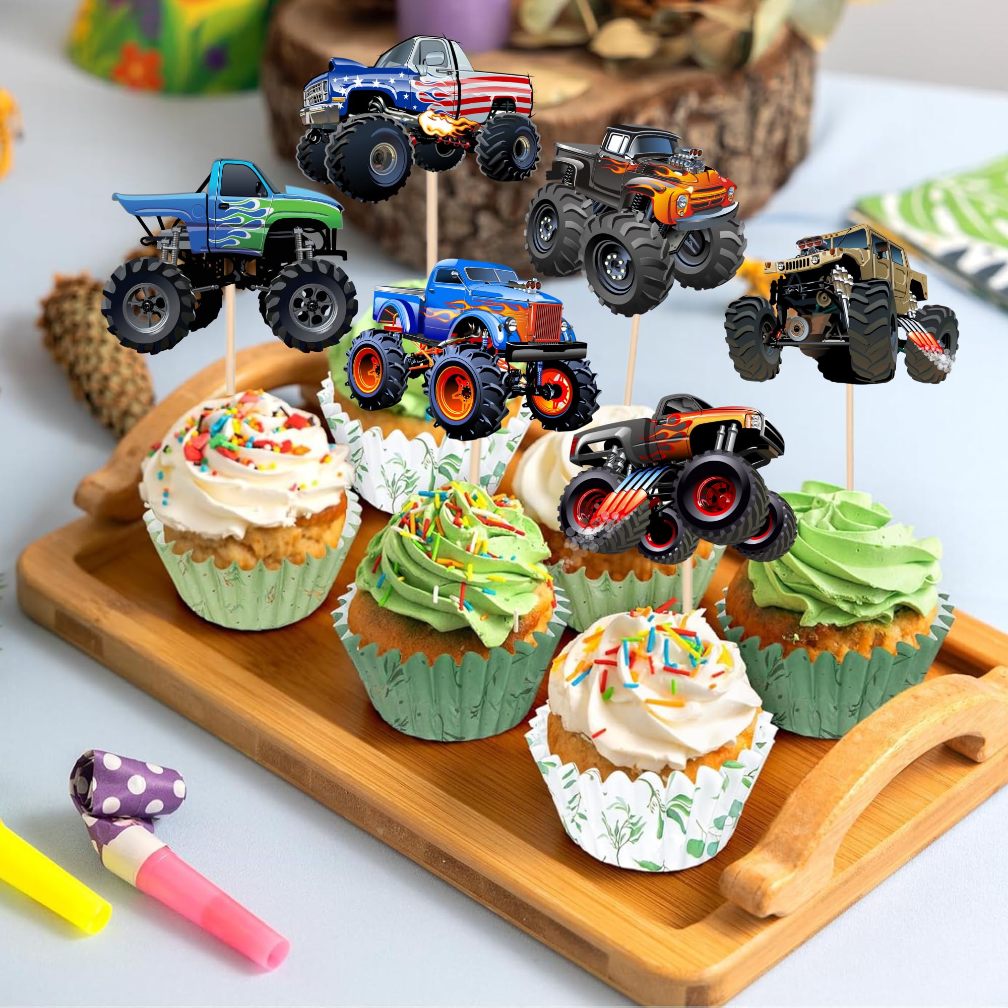 PAVATUTAT 24 Pcs Monster Truck Cupcake Toppers – Truck Car Theme Party Decorations