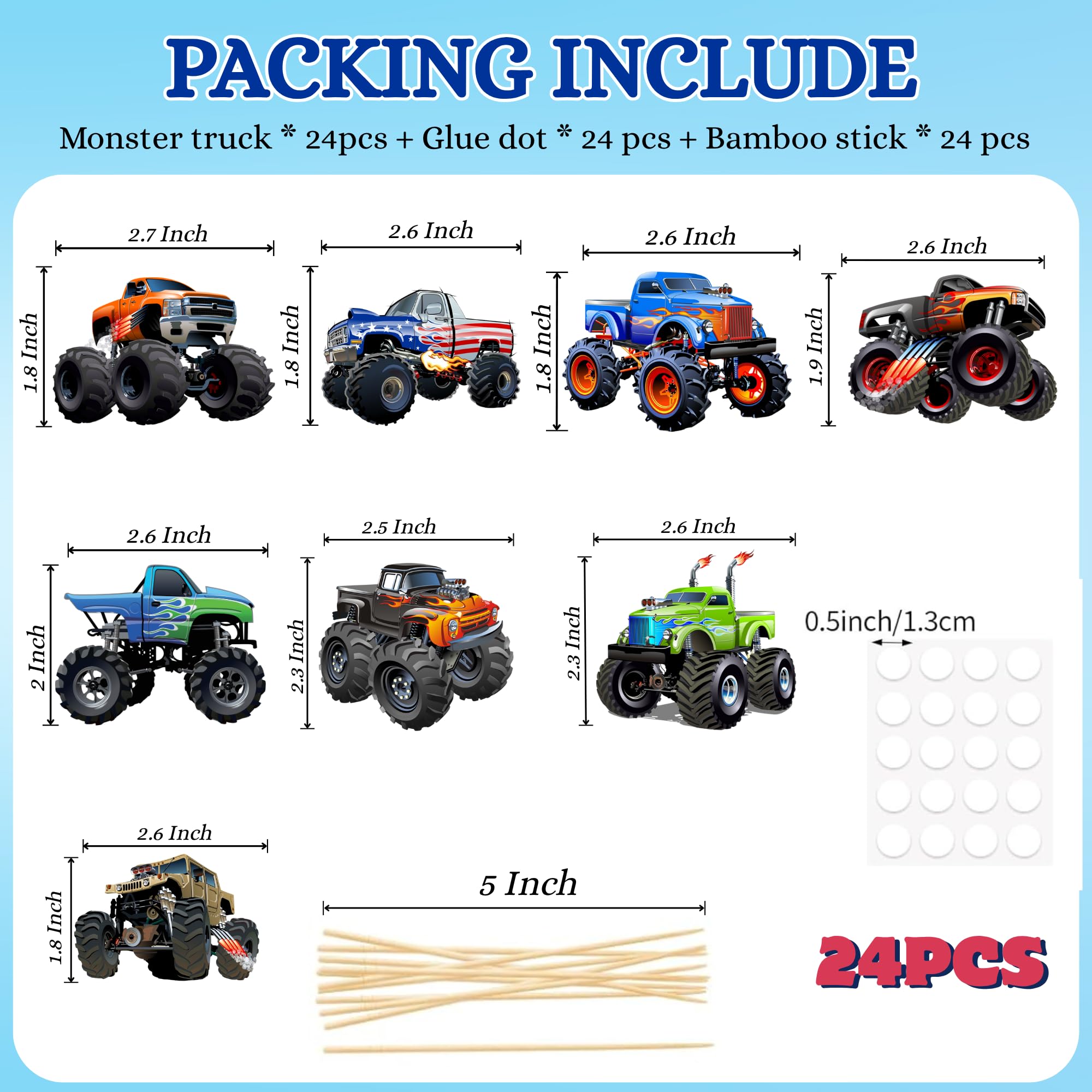 PAVATUTAT 24 Pcs Monster Truck Cupcake Toppers – Truck Car Theme Party Decorations