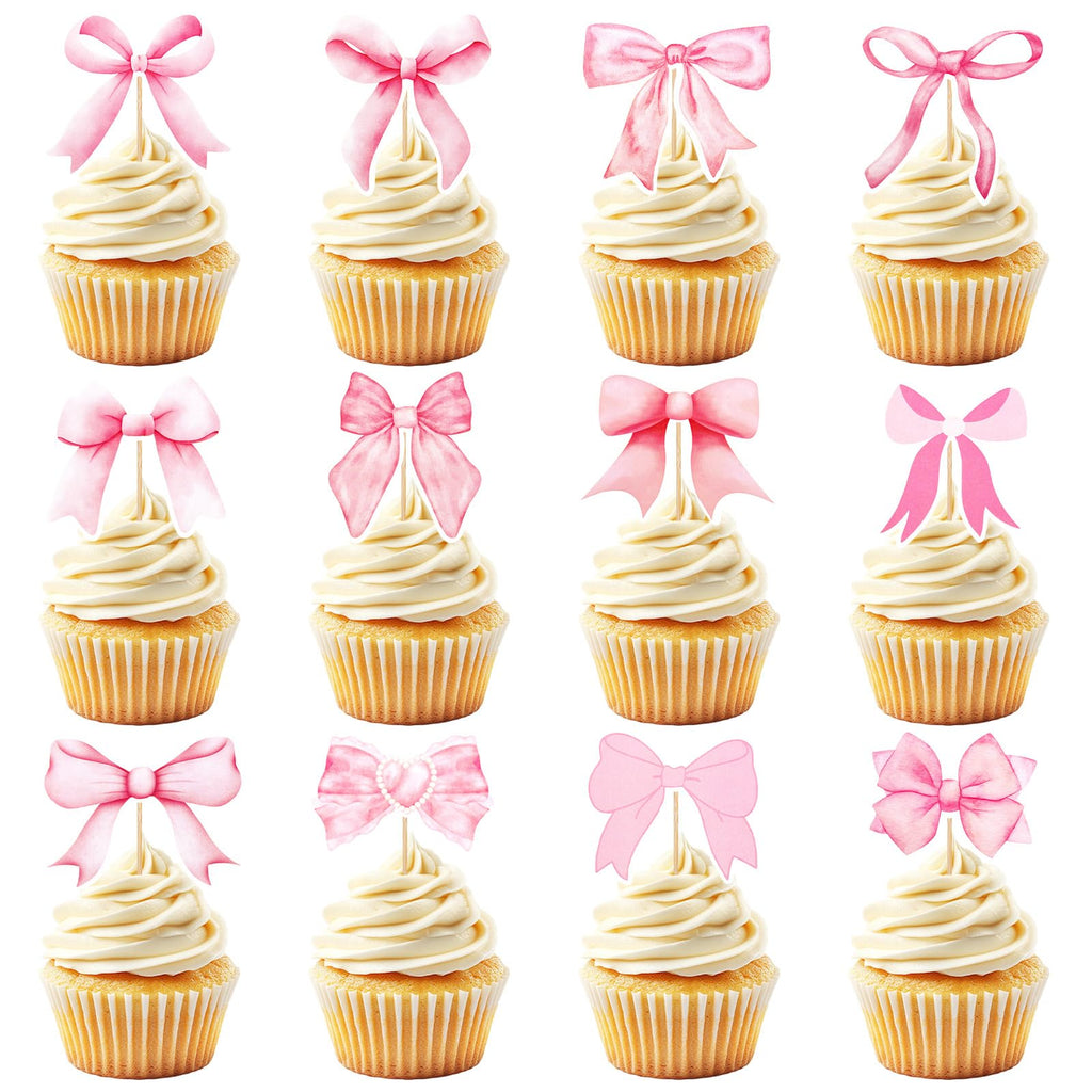 PCTCSHQ Pink Bow Cupcake Toppers – 60 Pcs Coquette Cake Topper Bowknot Picks for Weddings & Parties