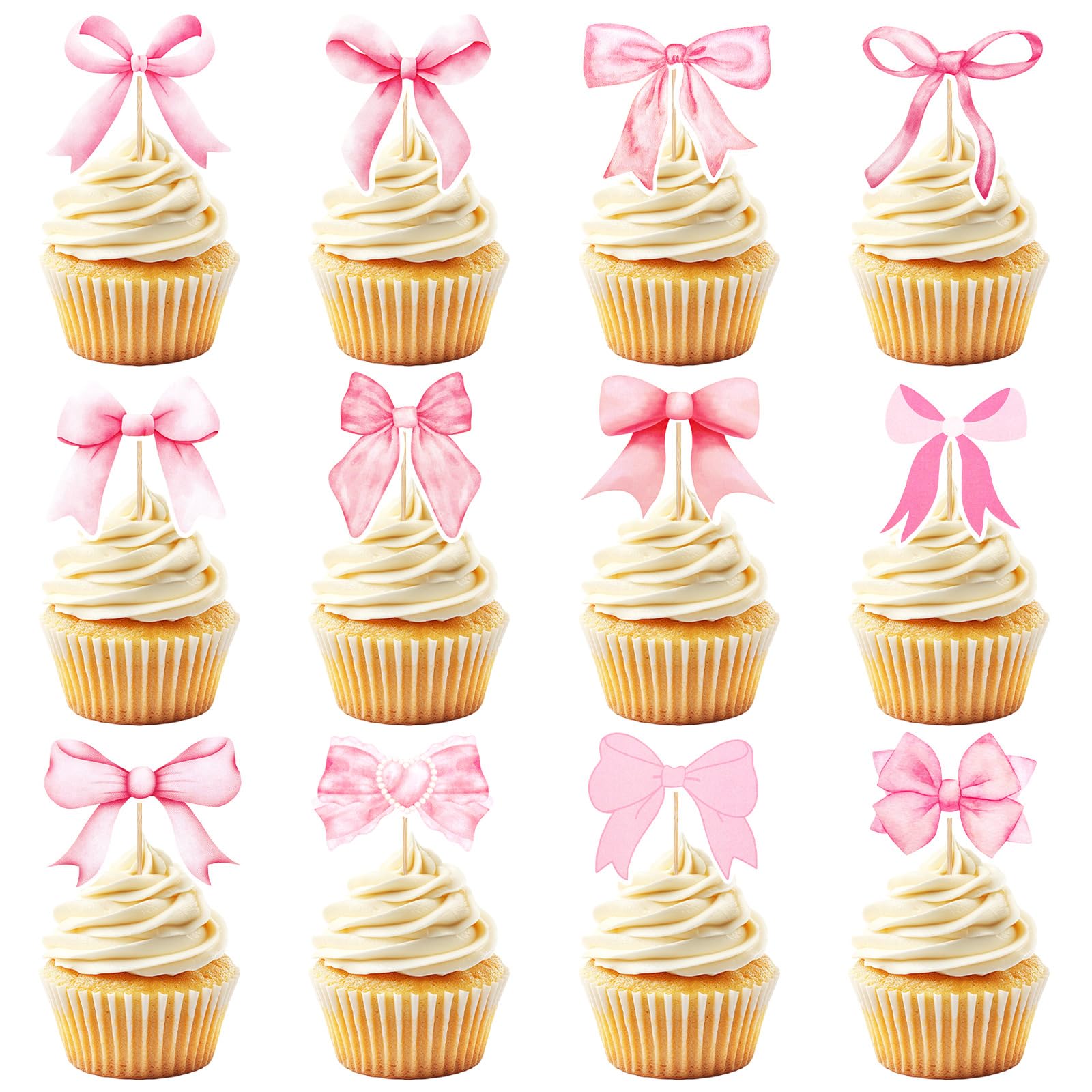 PCTCSHQ Pink Bow Cupcake Toppers – 60 Pcs Coquette Cake Topper Bowknot Picks for Weddings & Parties
