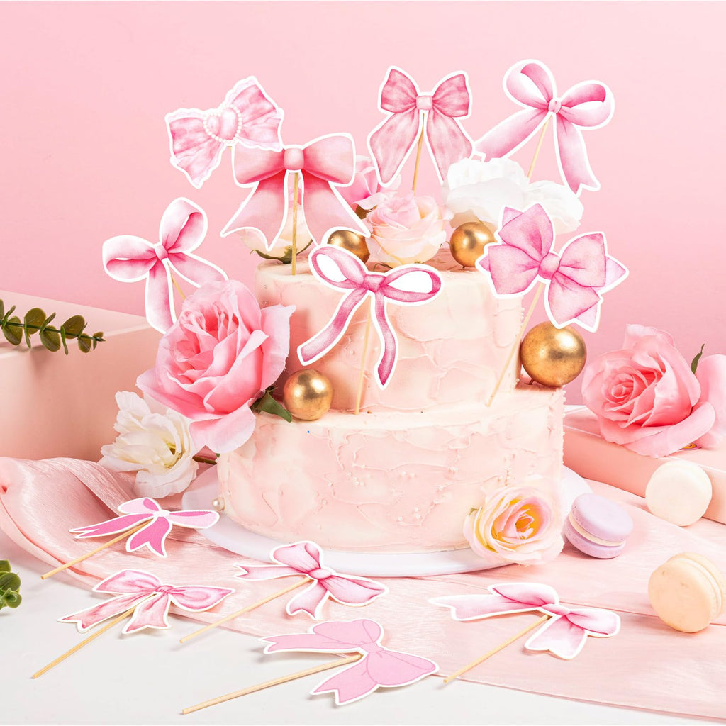 PCTCSHQ Pink Bow Cupcake Toppers – 60 Pcs Coquette Cake Topper Bowknot Picks for Weddings & Parties