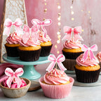 PCTCSHQ Pink Bow Cupcake Toppers – 60 Pcs Coquette Cake Topper Bowknot Picks for Weddings & Parties