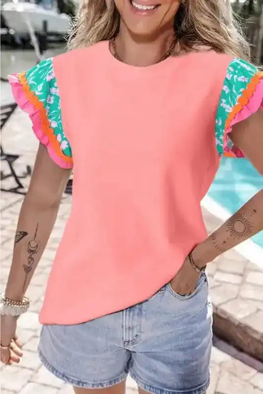 Peach Blossom Floral Sleeve Ricrac Blouse Women UK
