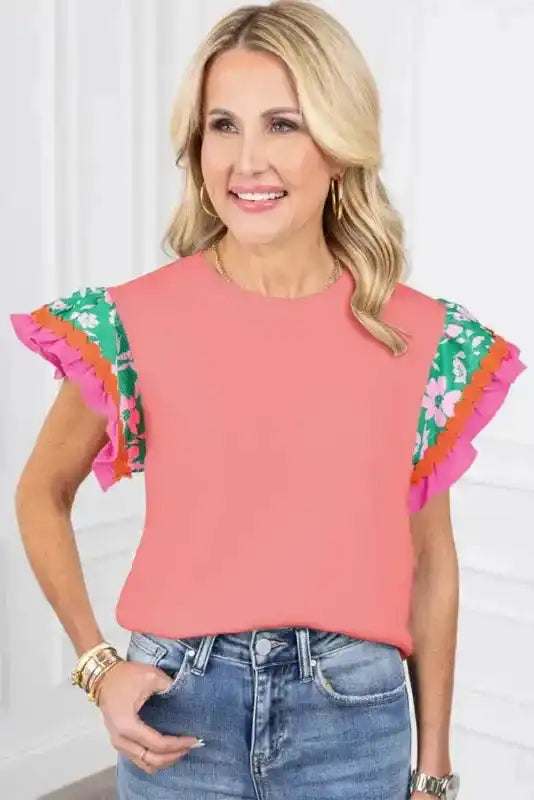 Peach Blossom Floral Sleeve Ricrac Blouse Women UK