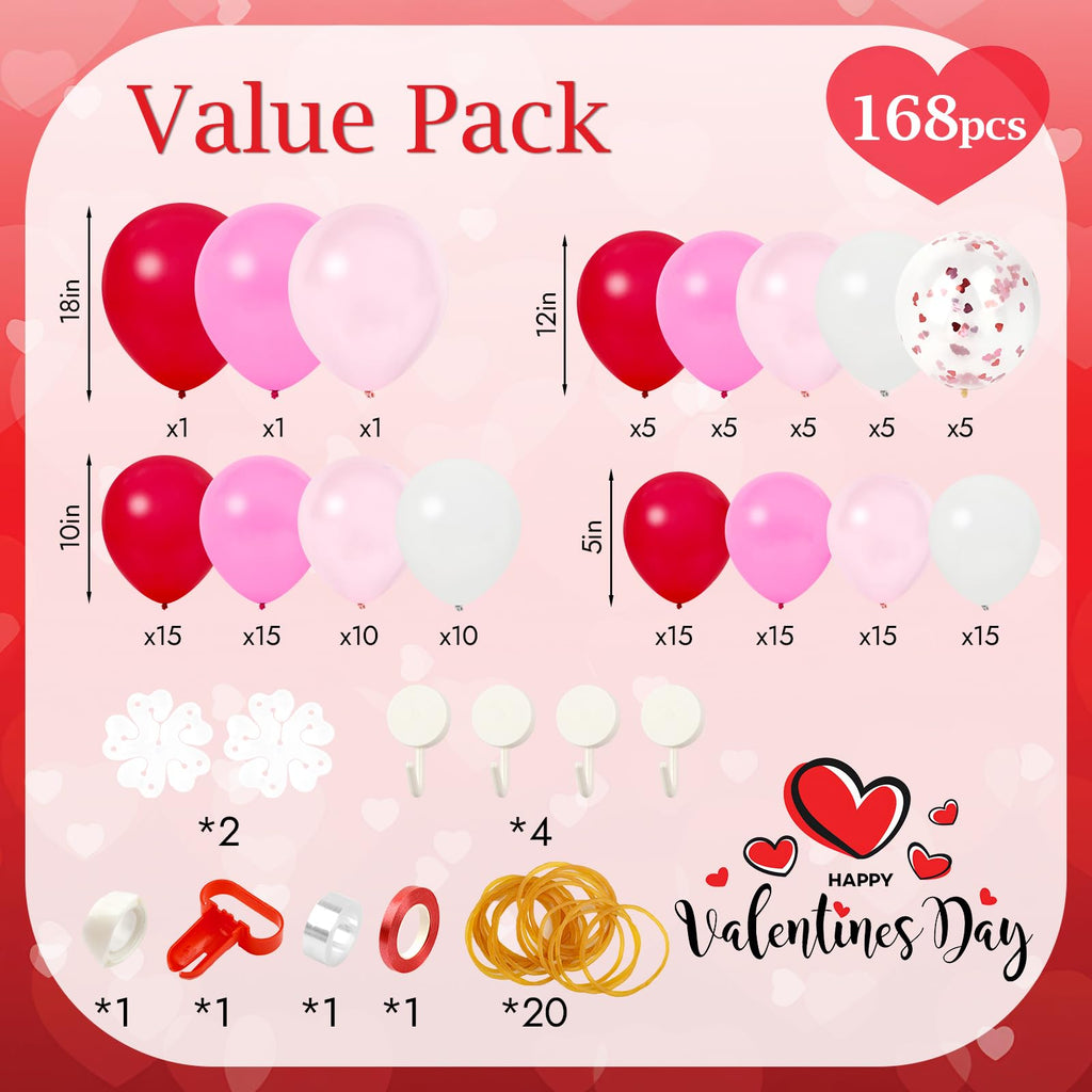 PEASUG Valentines Day Balloon Arch Kit — 138 Balloons + 30 Tools, Red Pink White Confetti Latex