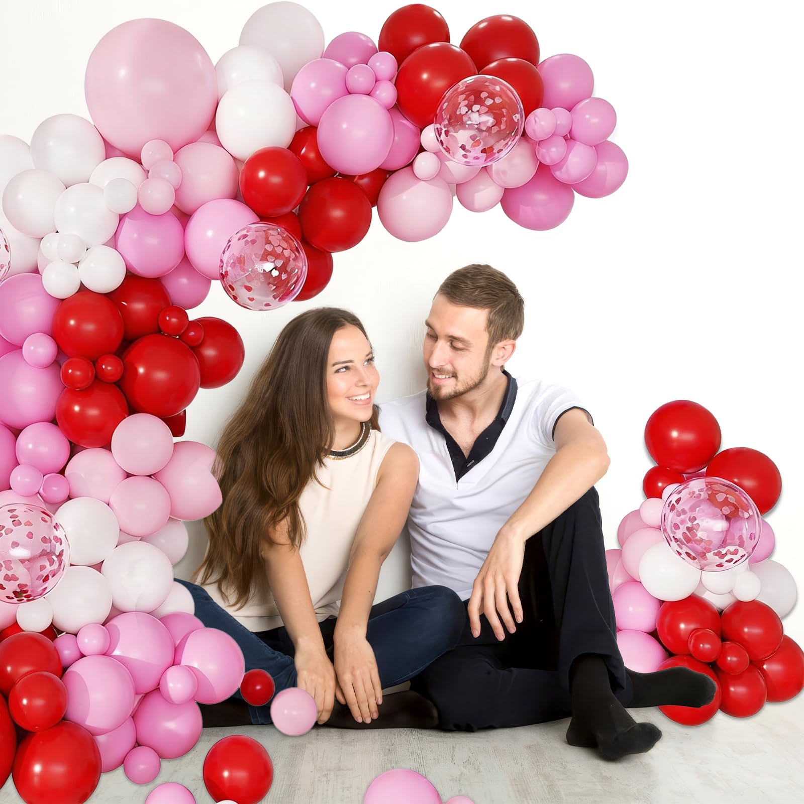 PEASUG Valentines Day Balloon Arch Kit — 138 Balloons + 30 Tools, Red Pink White Confetti Latex