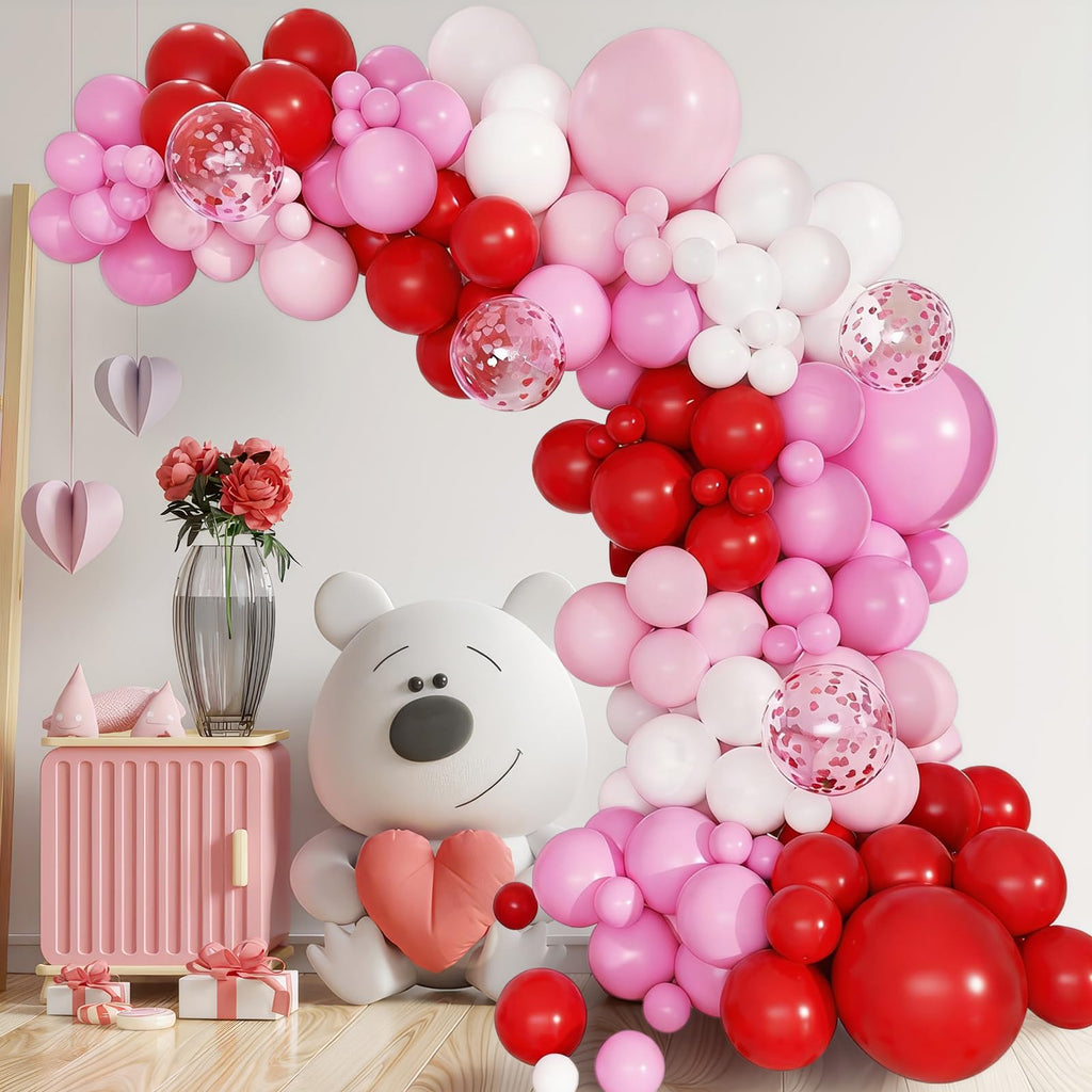 PEASUG Valentines Day Balloon Arch Kit — 138 Balloons + 30 Tools, Red Pink White Confetti Latex