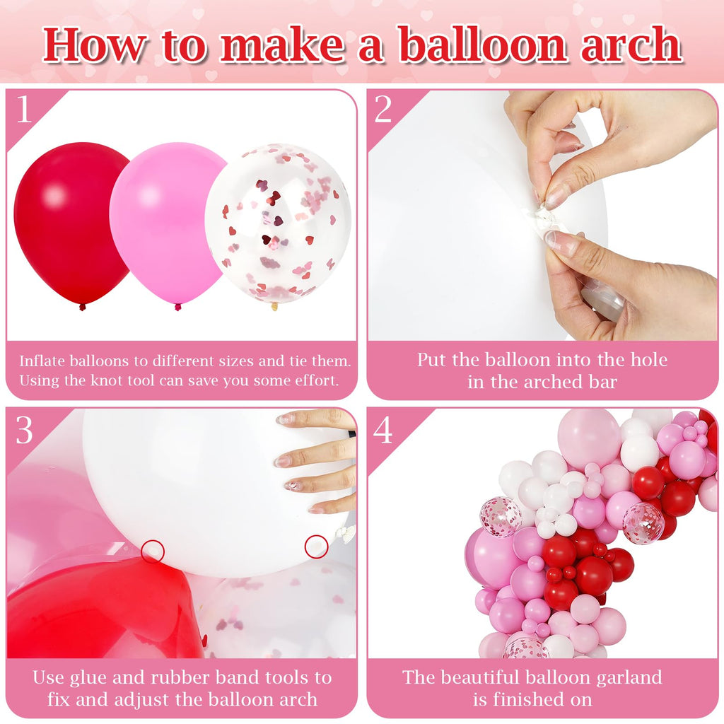 PEASUG Valentines Day Balloon Arch Kit — 138 Balloons + 30 Tools, Red Pink White Confetti Latex