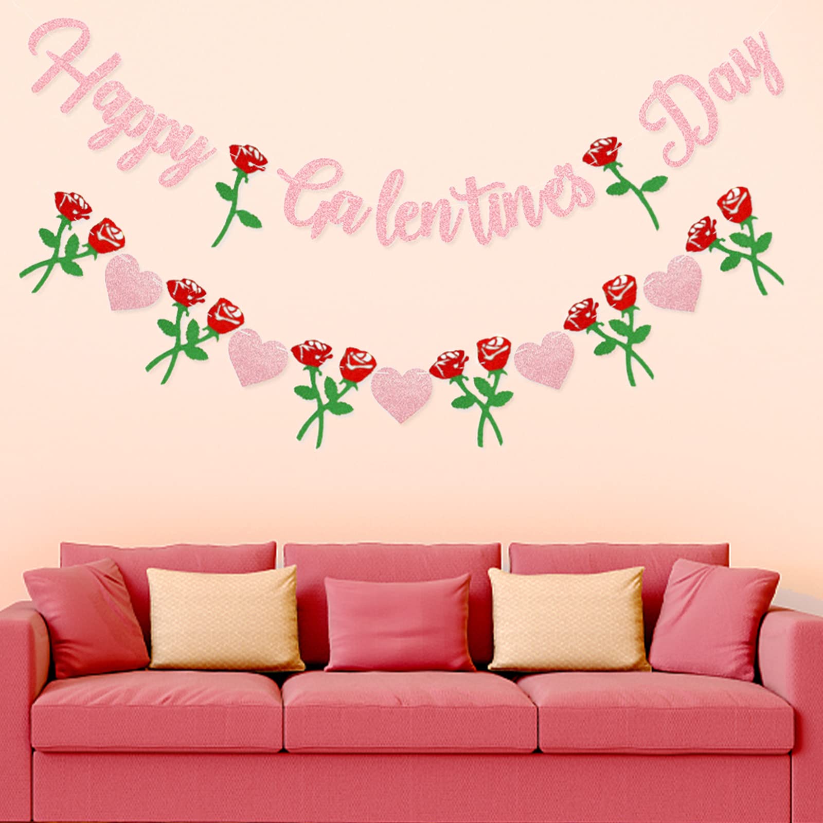 Peclek Happy Galentine's Day Banner - Pink Glitter Sign with Rose Heart Garland for Girls Night Decor