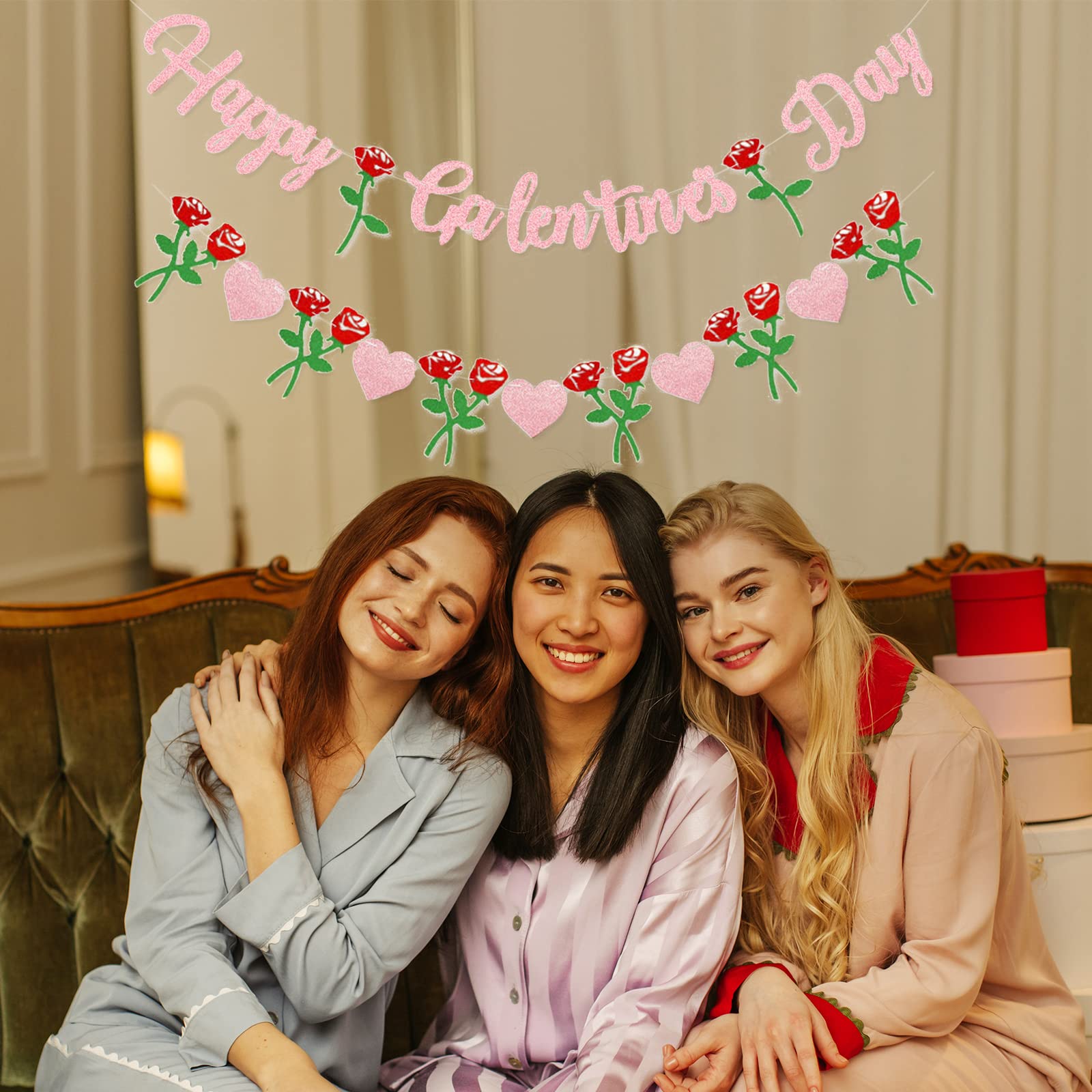 Peclek Happy Galentine's Day Banner - Pink Glitter Sign with Rose Heart Garland for Girls Night Decor