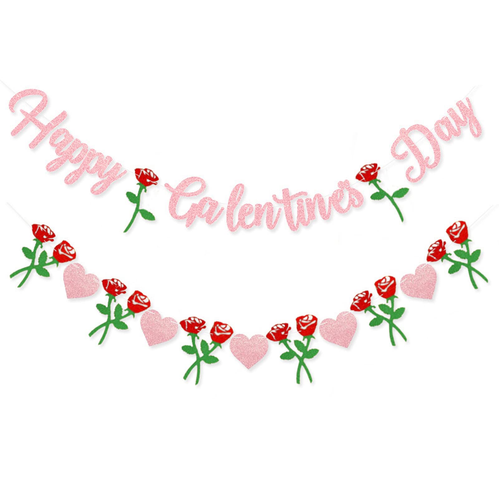 Peclek Happy Galentine's Day Banner - Pink Glitter Sign with Rose Heart Garland for Girls Night Decor