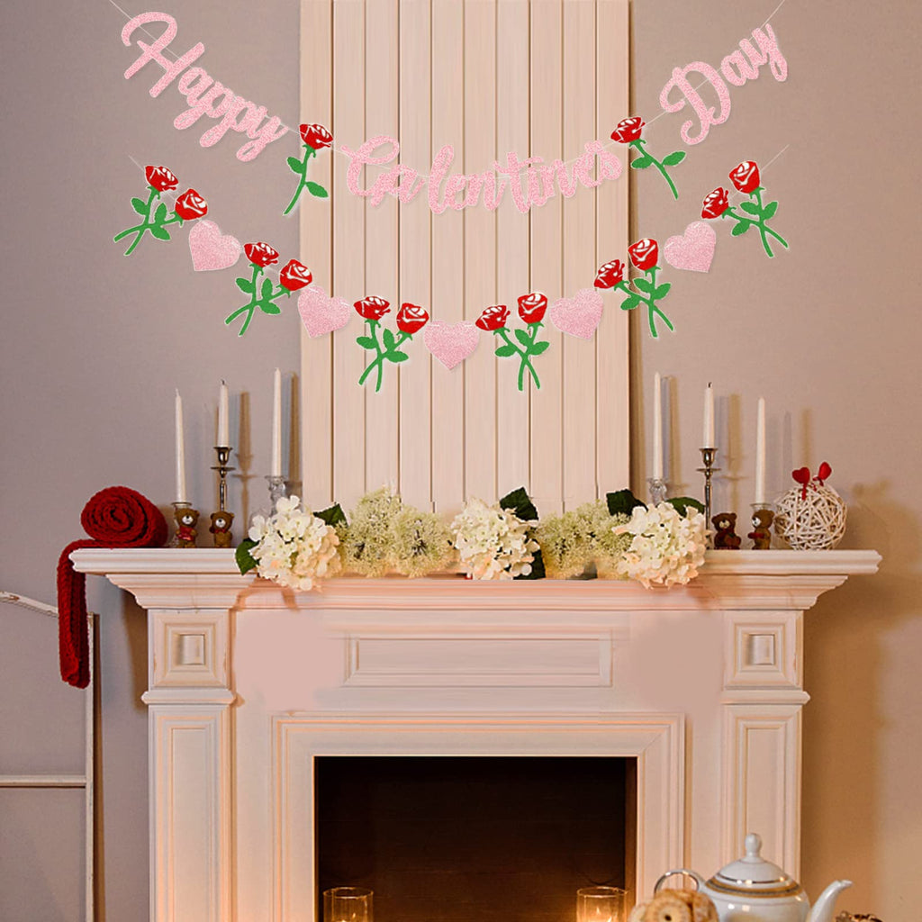 Peclek Happy Galentine's Day Banner - Pink Glitter Sign with Rose Heart Garland for Girls Night Decor