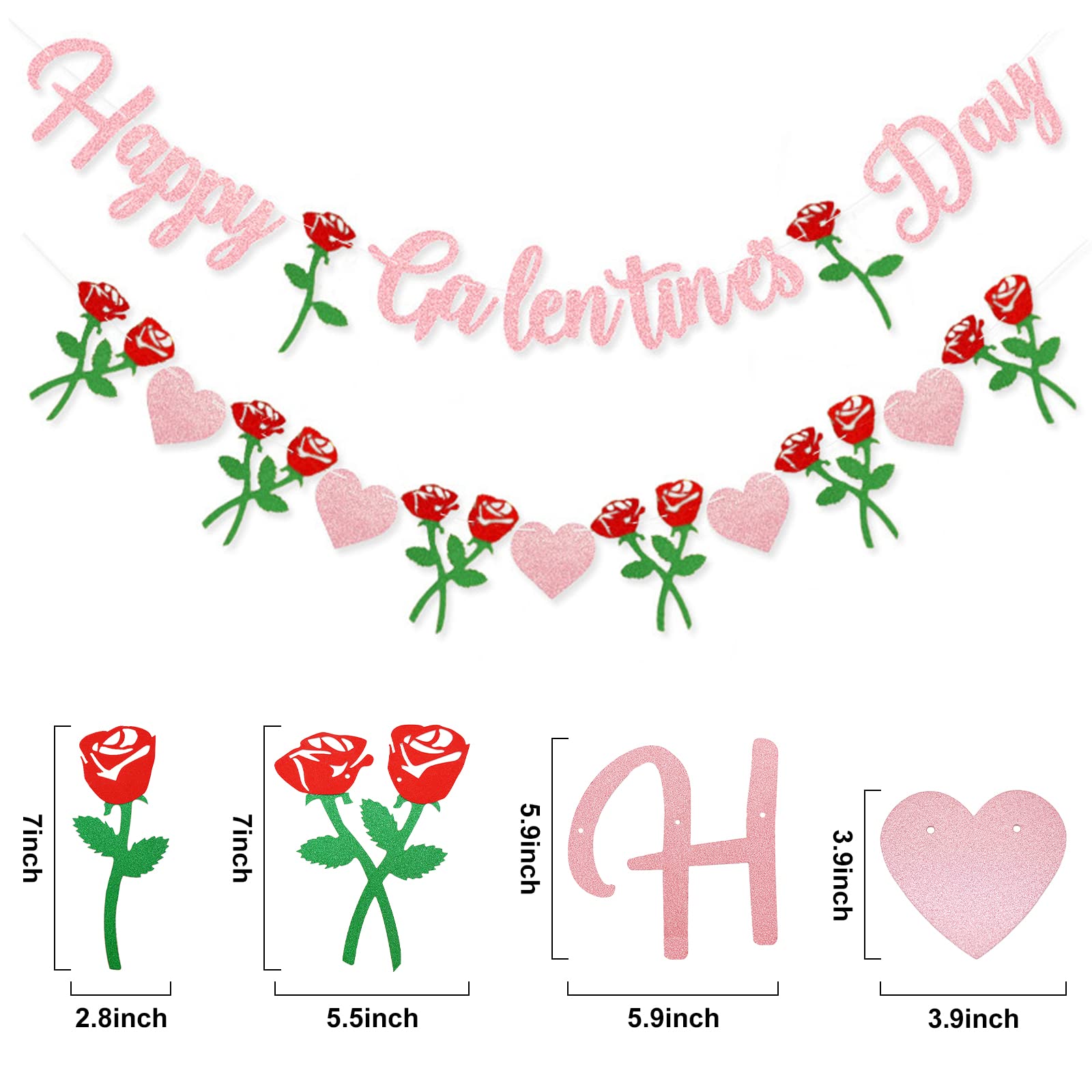 Peclek Happy Galentine's Day Banner - Pink Glitter Sign with Rose Heart Garland for Girls Night Decor