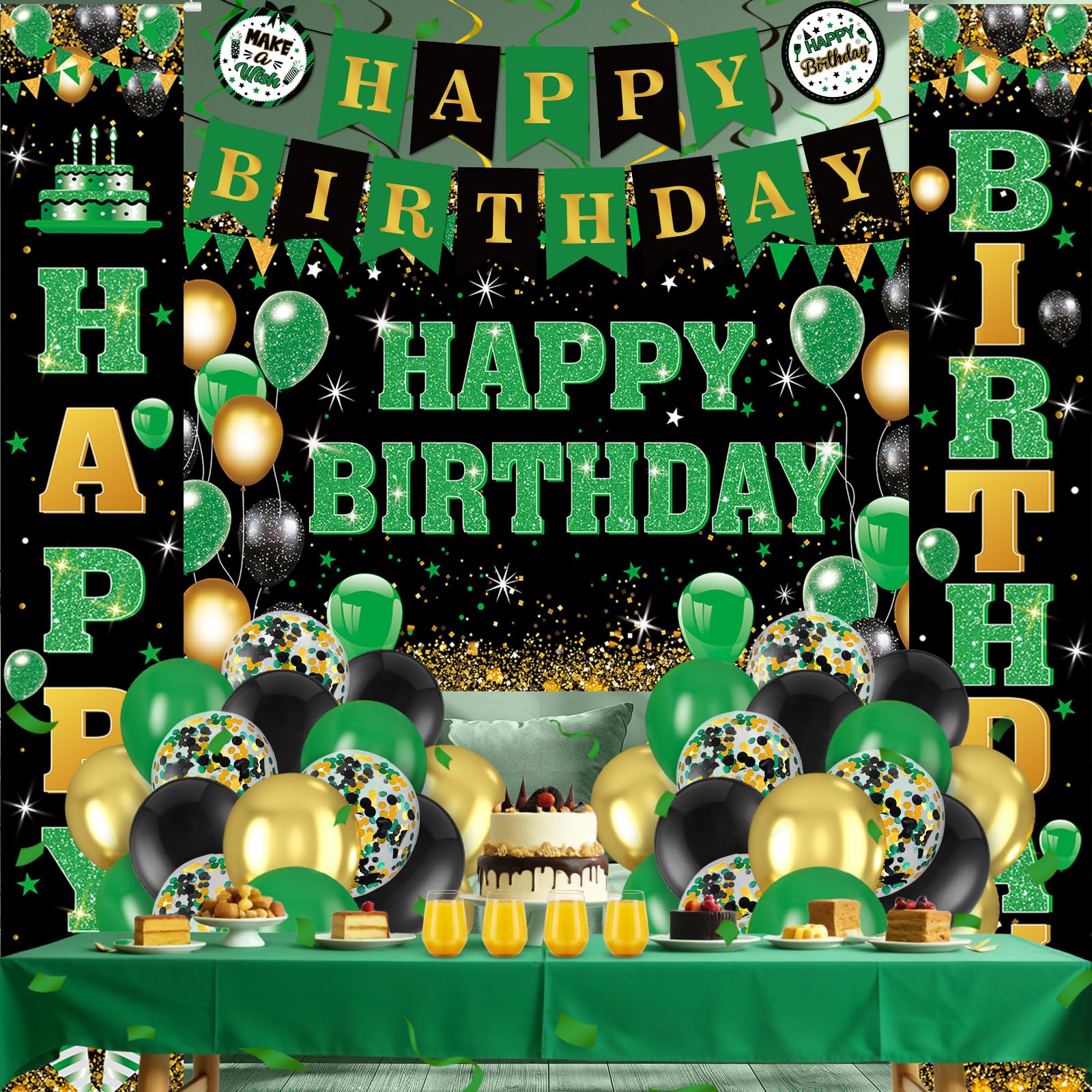 Peconal 48Pcs Green Black Gold Birthday Decorations – Banner, Backdrop, Balloons & Swirls