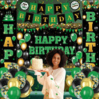 Peconal 48Pcs Green Black Gold Birthday Decorations – Banner, Backdrop, Balloons & Swirls