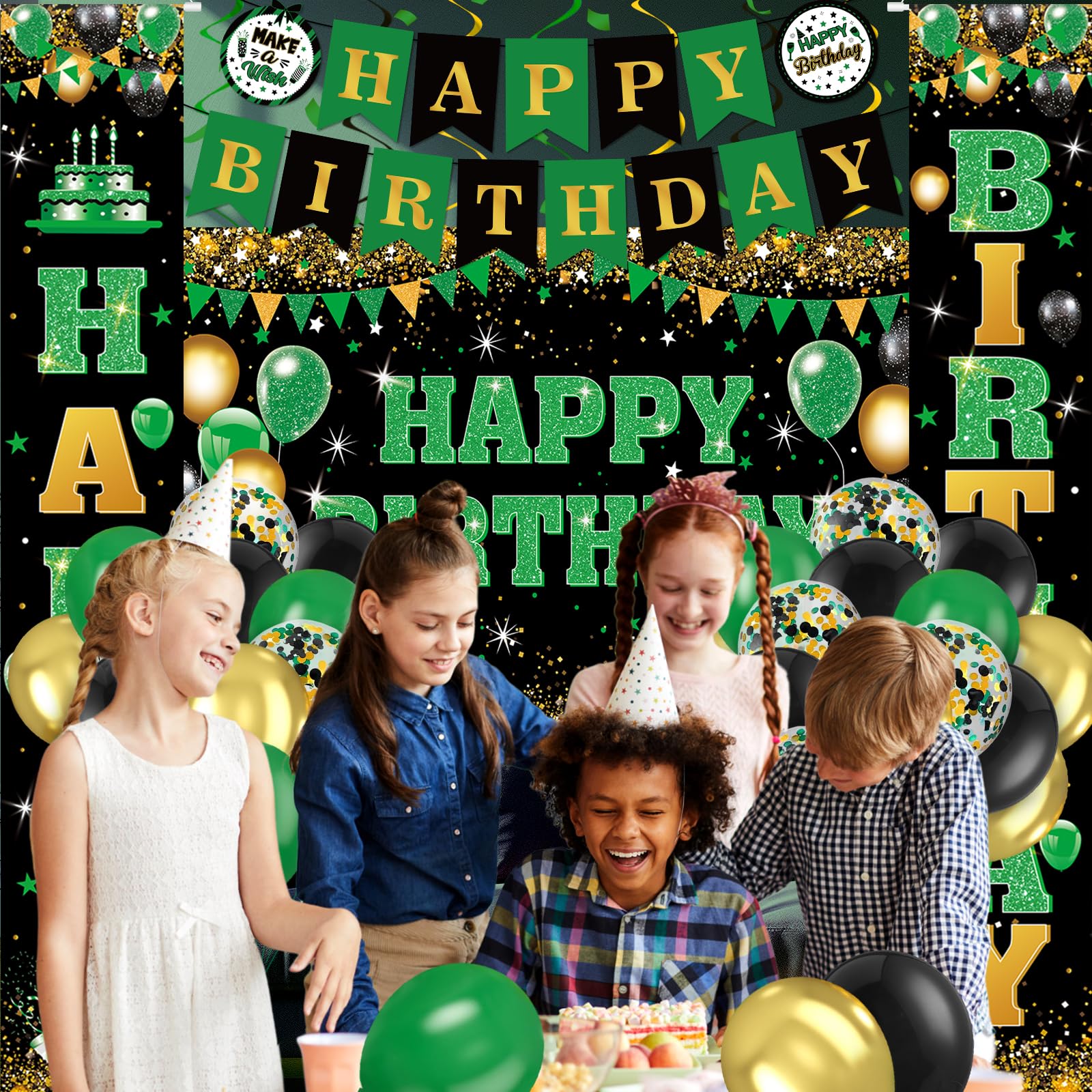 Peconal 48Pcs Green Black Gold Birthday Decorations – Banner, Backdrop, Balloons & Swirls