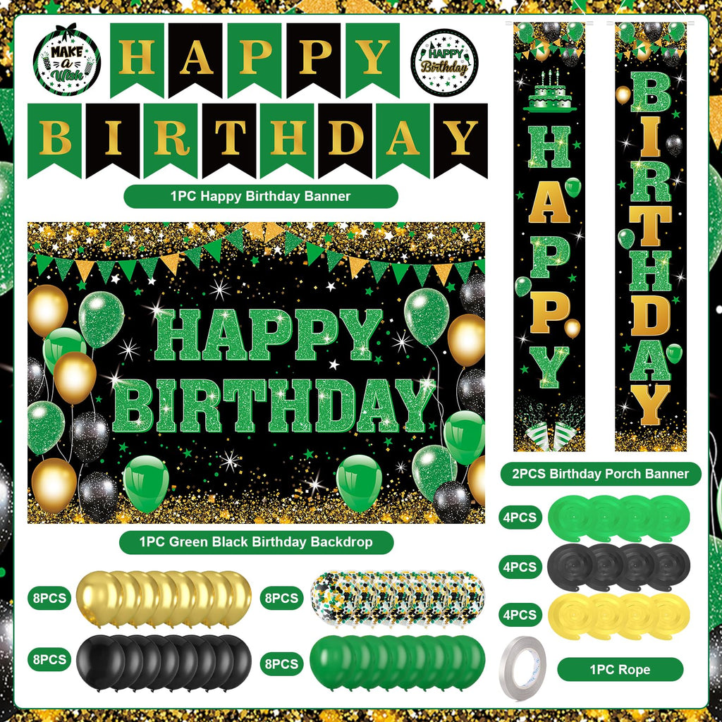 Peconal 48Pcs Green Black Gold Birthday Decorations – Banner, Backdrop, Balloons & Swirls