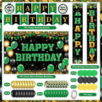 Peconal 48Pcs Green Black Gold Birthday Decorations – Banner, Backdrop, Balloons & Swirls