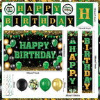 Peconal 48Pcs Green Black Gold Birthday Decorations – Banner, Backdrop, Balloons & Swirls