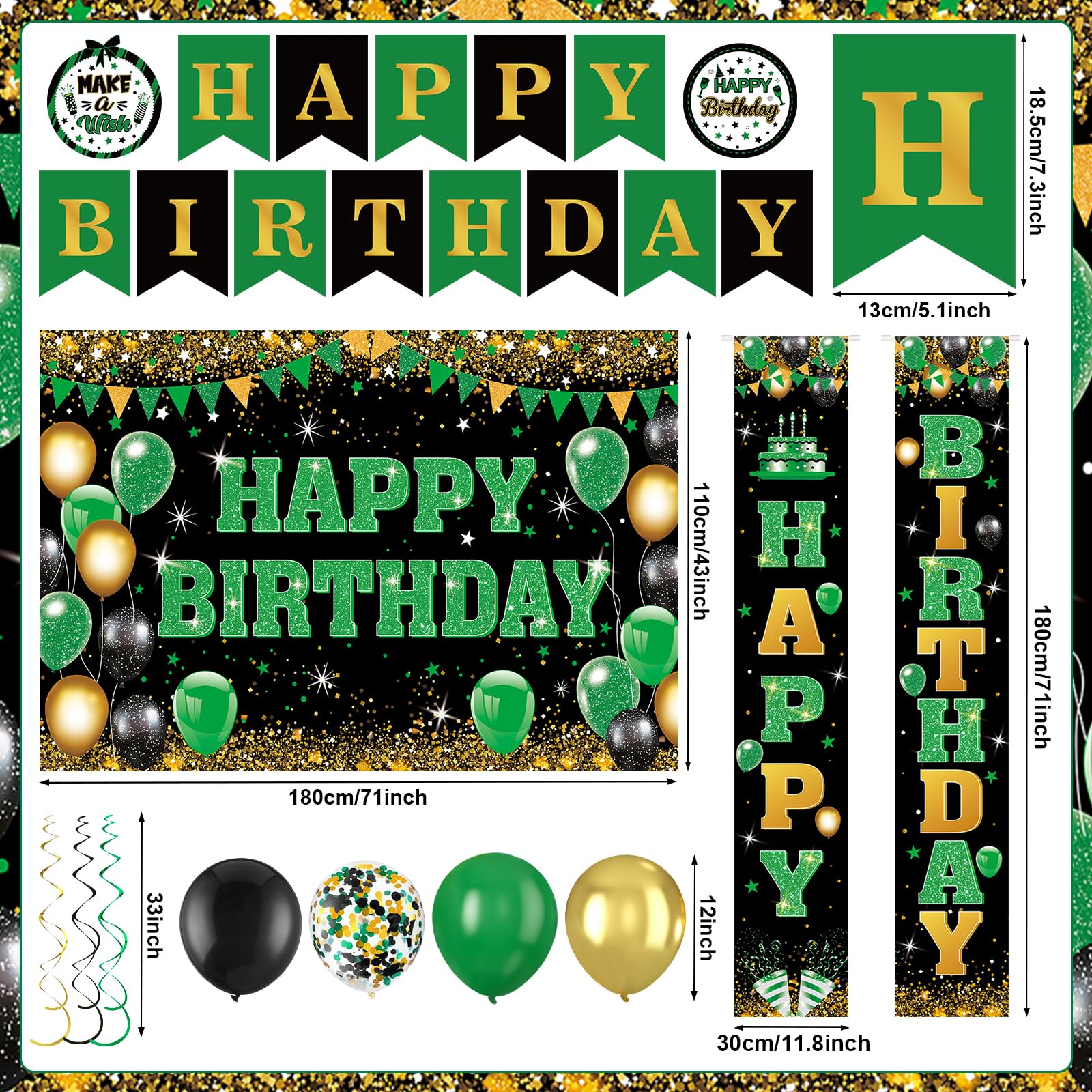 Peconal 48Pcs Green Black Gold Birthday Decorations – Banner, Backdrop, Balloons & Swirls