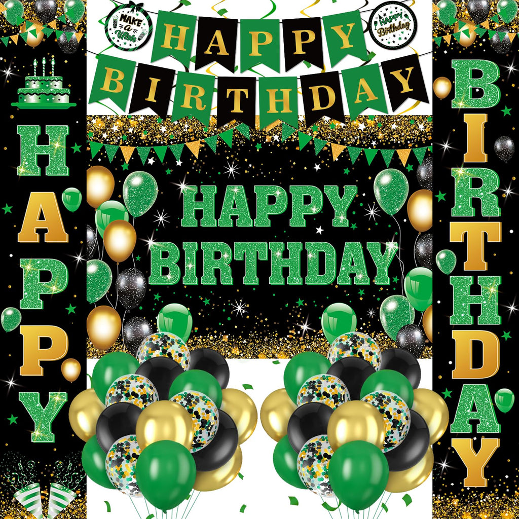 Peconal 48Pcs Green Black Gold Birthday Decorations – Banner, Backdrop, Balloons & Swirls