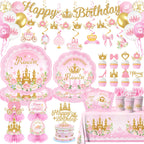Peghoqu 196Pcs Pink Princess Birthday Party Decorations Set – Serves 24, Includes Banner, Tableware & Balloons