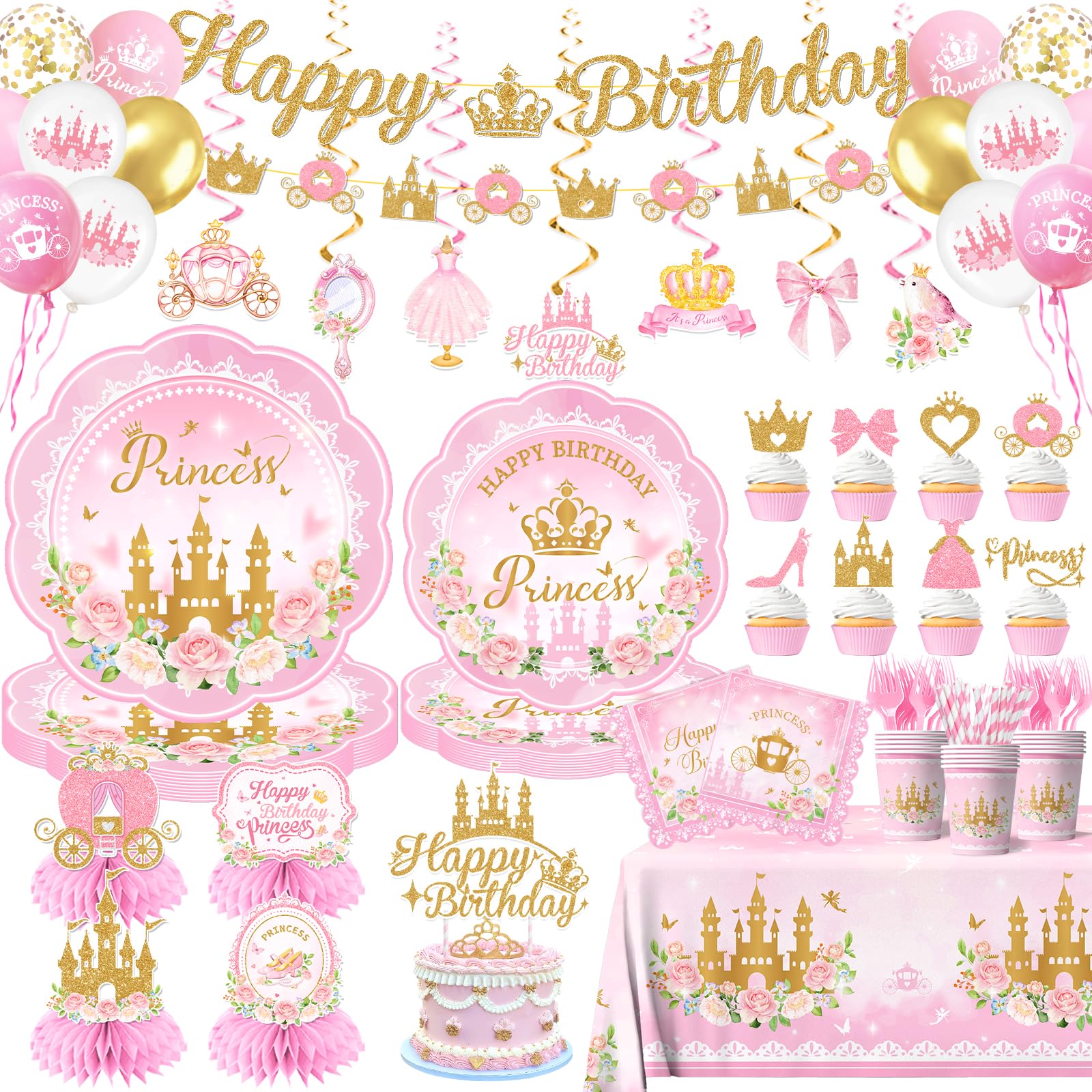 Peghoqu 196Pcs Pink Princess Birthday Party Decorations Set – Serves 24, Includes Banner, Tableware & Balloons