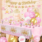 Peghoqu 196Pcs Pink Princess Birthday Party Decorations Set – Serves 24, Includes Banner, Tableware & Balloons