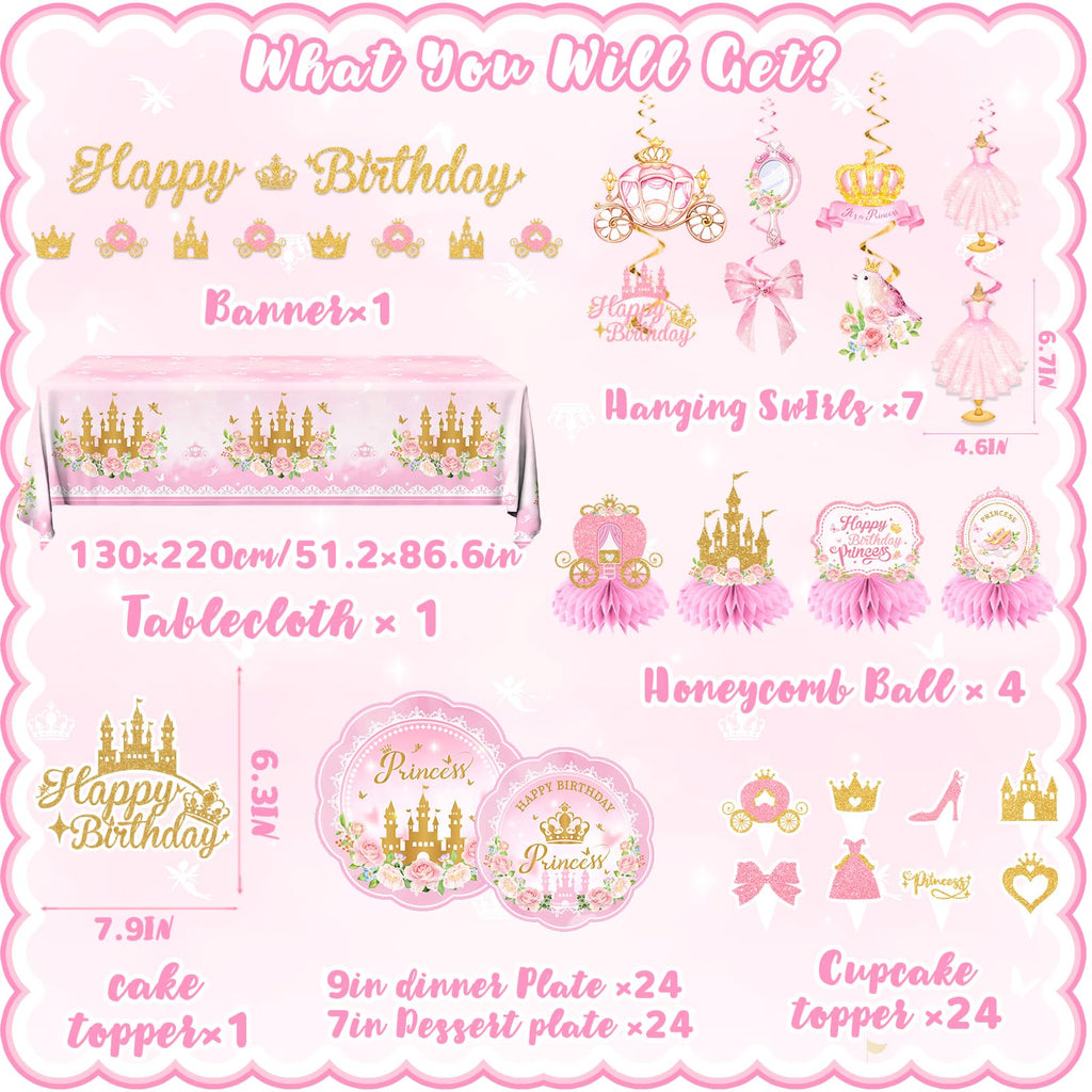 Peghoqu 196Pcs Pink Princess Birthday Party Decorations Set – Serves 24, Includes Banner, Tableware & Balloons