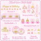 Peghoqu 196Pcs Pink Princess Birthday Party Decorations Set – Serves 24, Includes Banner, Tableware & Balloons
