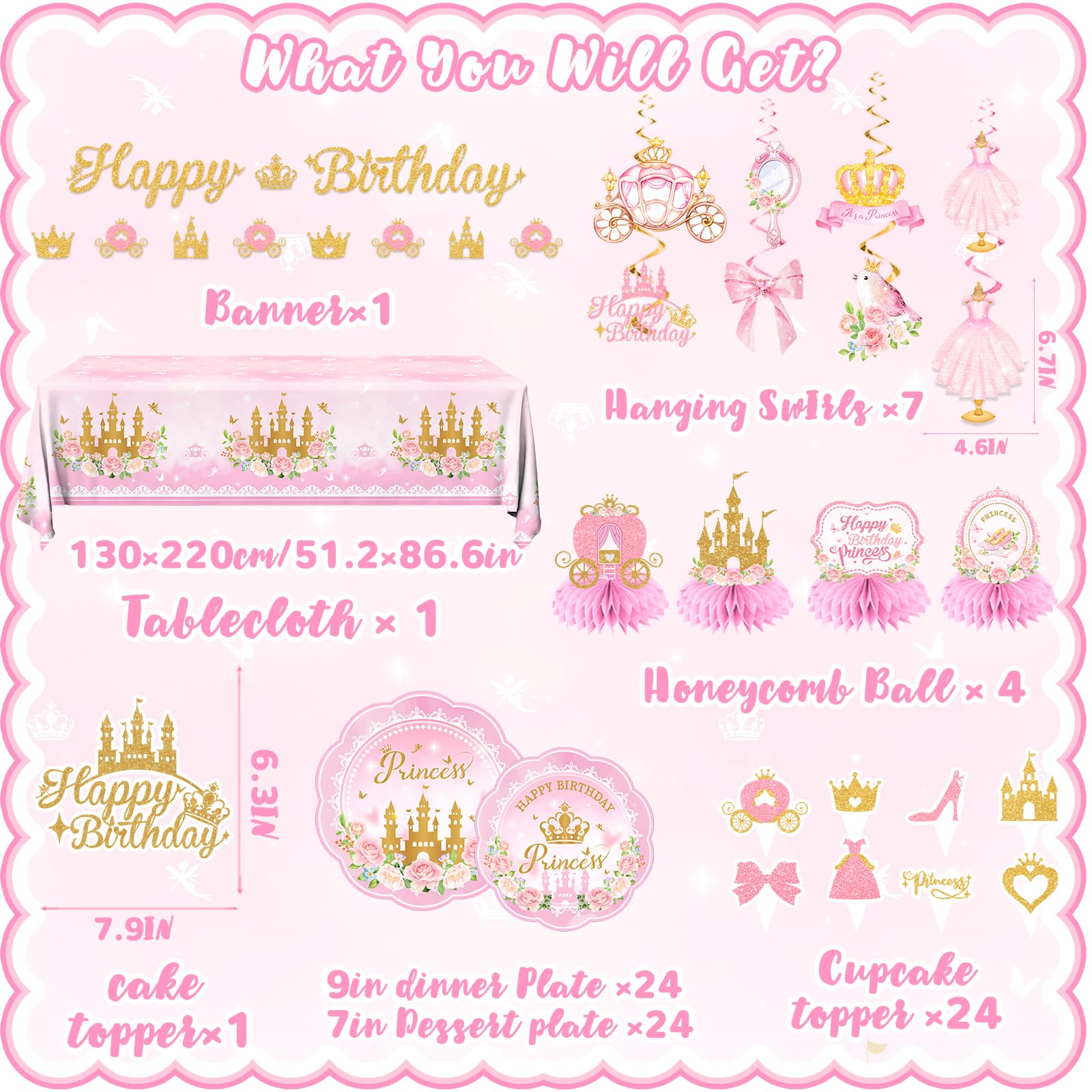 Peghoqu 196Pcs Pink Princess Birthday Party Decorations Set – Serves 24, Includes Banner, Tableware & Balloons
