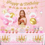Peghoqu 196Pcs Pink Princess Birthday Party Decorations Set – Serves 24, Includes Banner, Tableware & Balloons