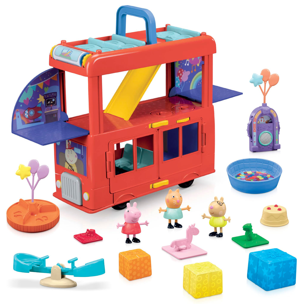 Peppa Pig 2-in-1 Party Bus Playset – 3 Figures & 13 Accessories | Preschool Toys for Ages 3+
