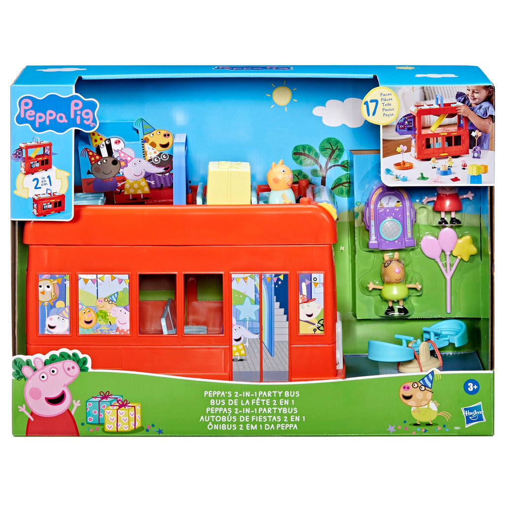 Peppa Pig 2-in-1 Party Bus Playset – 3 Figures & 13 Accessories | Preschool Toys for Ages 3+