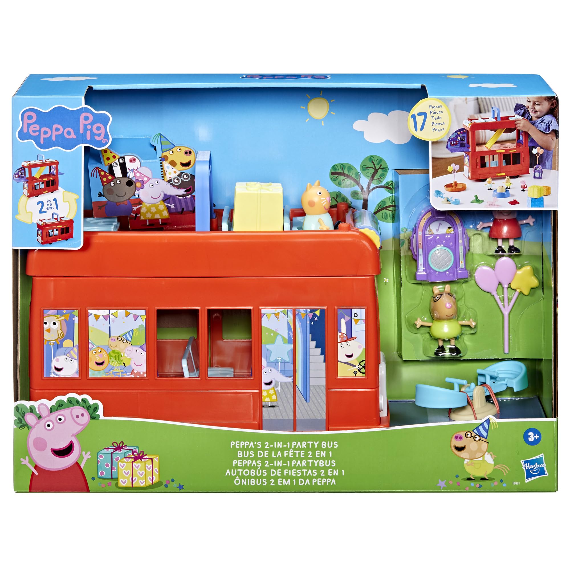 Peppa Pig 2-in-1 Party Bus Playset – 3 Figures & 13 Accessories | Preschool Toys for Ages 3+