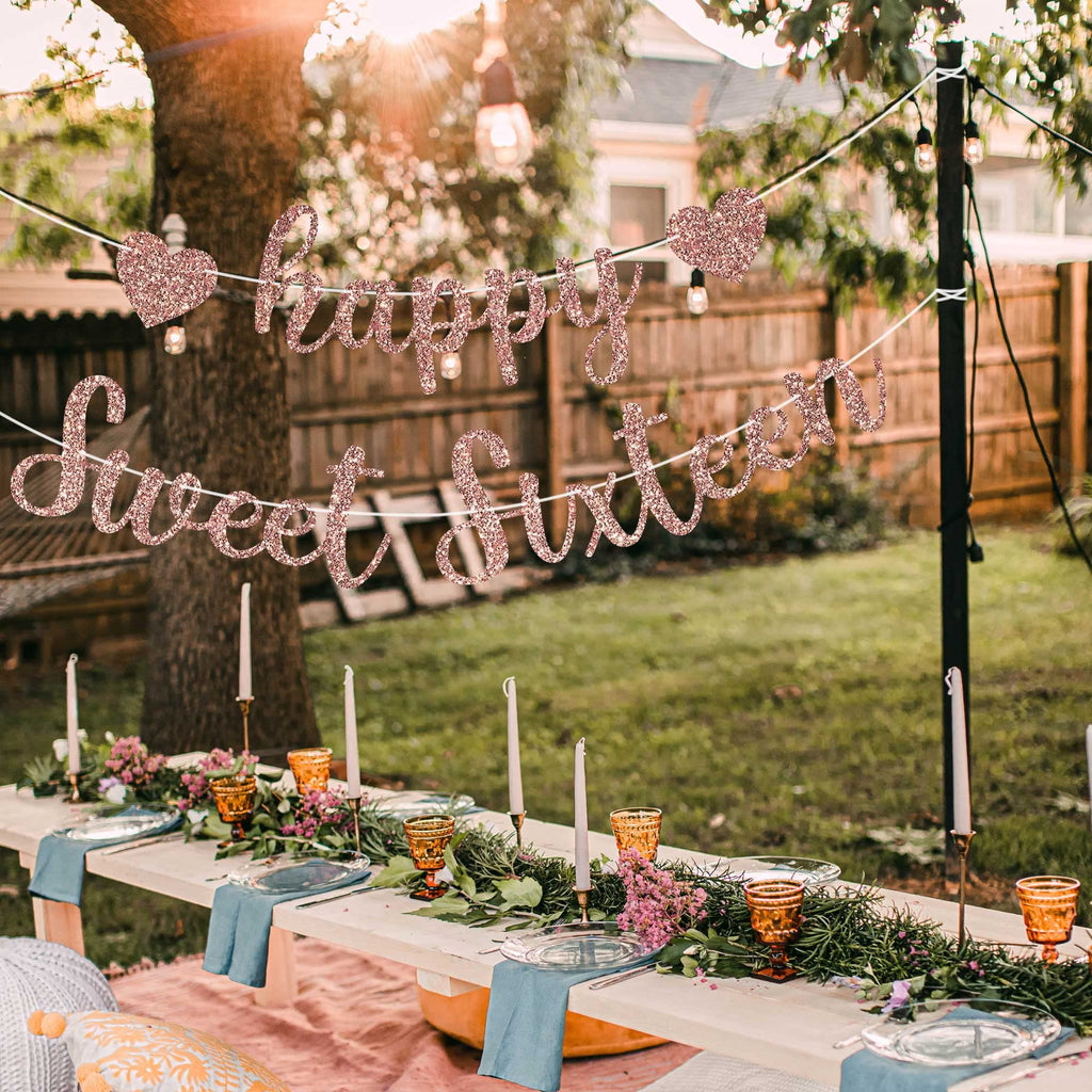 Perfect Occasion Pre-Strung Happy Sweet Sixteen Banner - Rose Gold Glitter, No DIY, 8 ft Strands