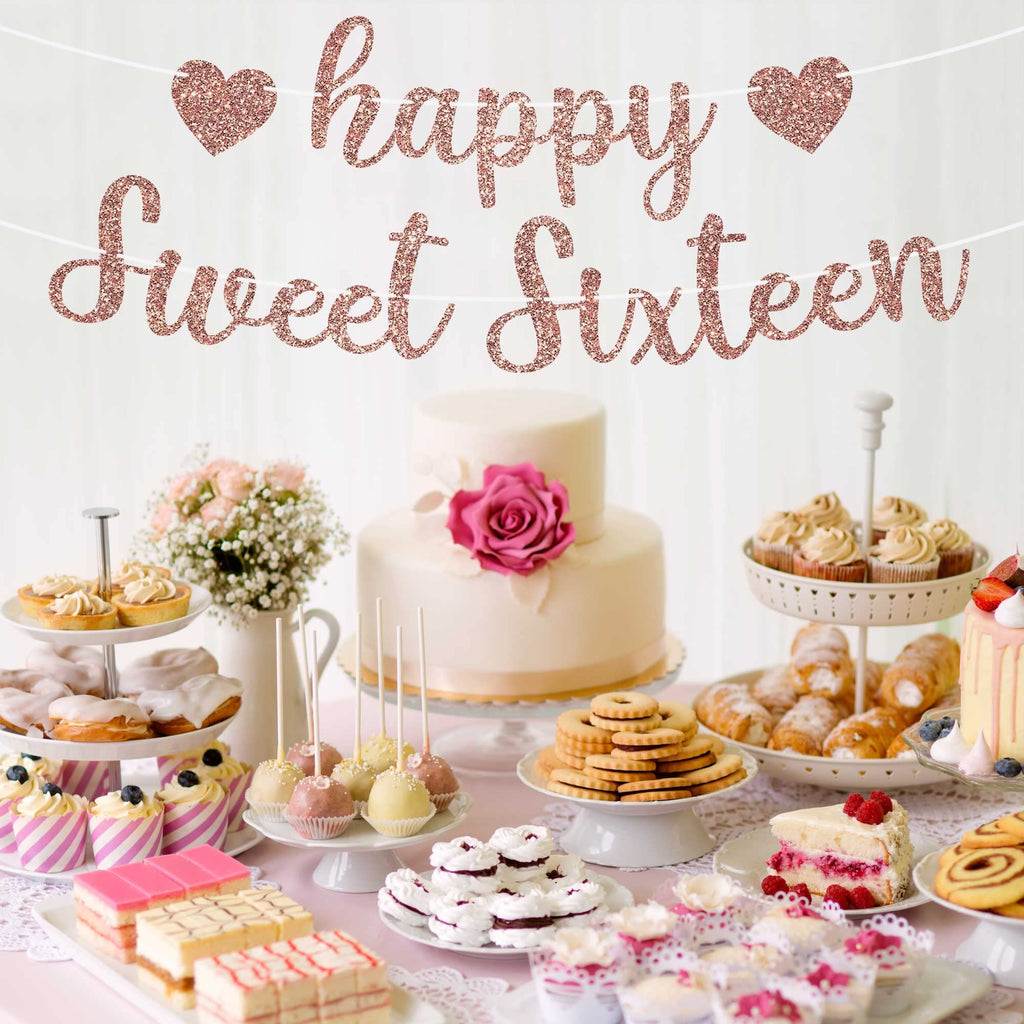 Perfect Occasion Pre-Strung Happy Sweet Sixteen Banner - Rose Gold Glitter, No DIY, 8 ft Strands