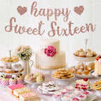 Perfect Occasion Pre-Strung Happy Sweet Sixteen Banner - Rose Gold Glitter, No DIY, 8 ft Strands
