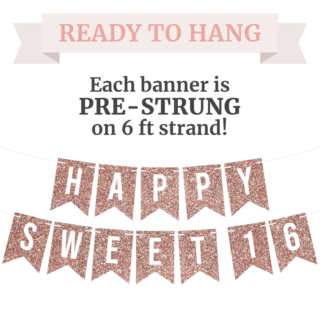 Perfect Occasion Pre-Strung Happy Sweet 16 Banner – No DIY, Rose Gold Glitter, 6 ft