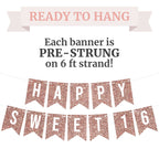 Perfect Occasion Pre-Strung Happy Sweet 16 Banner – No DIY, Rose Gold Glitter, 6 ft