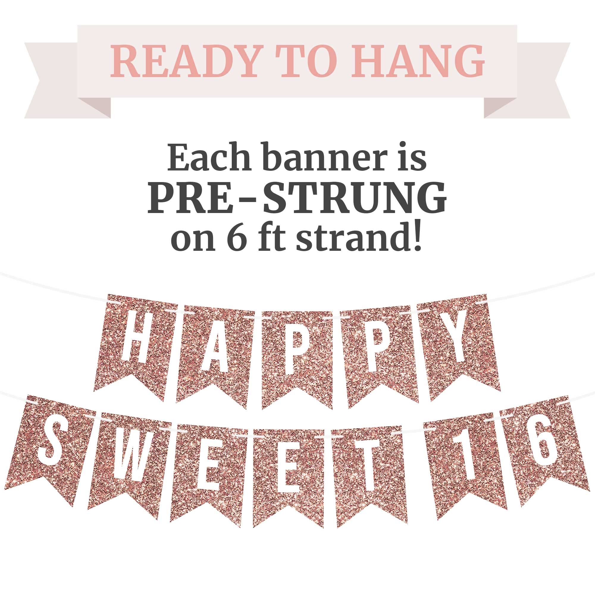 Perfect Occasion Pre-Strung Happy Sweet 16 Banner – No DIY, Rose Gold Glitter, 6 ft