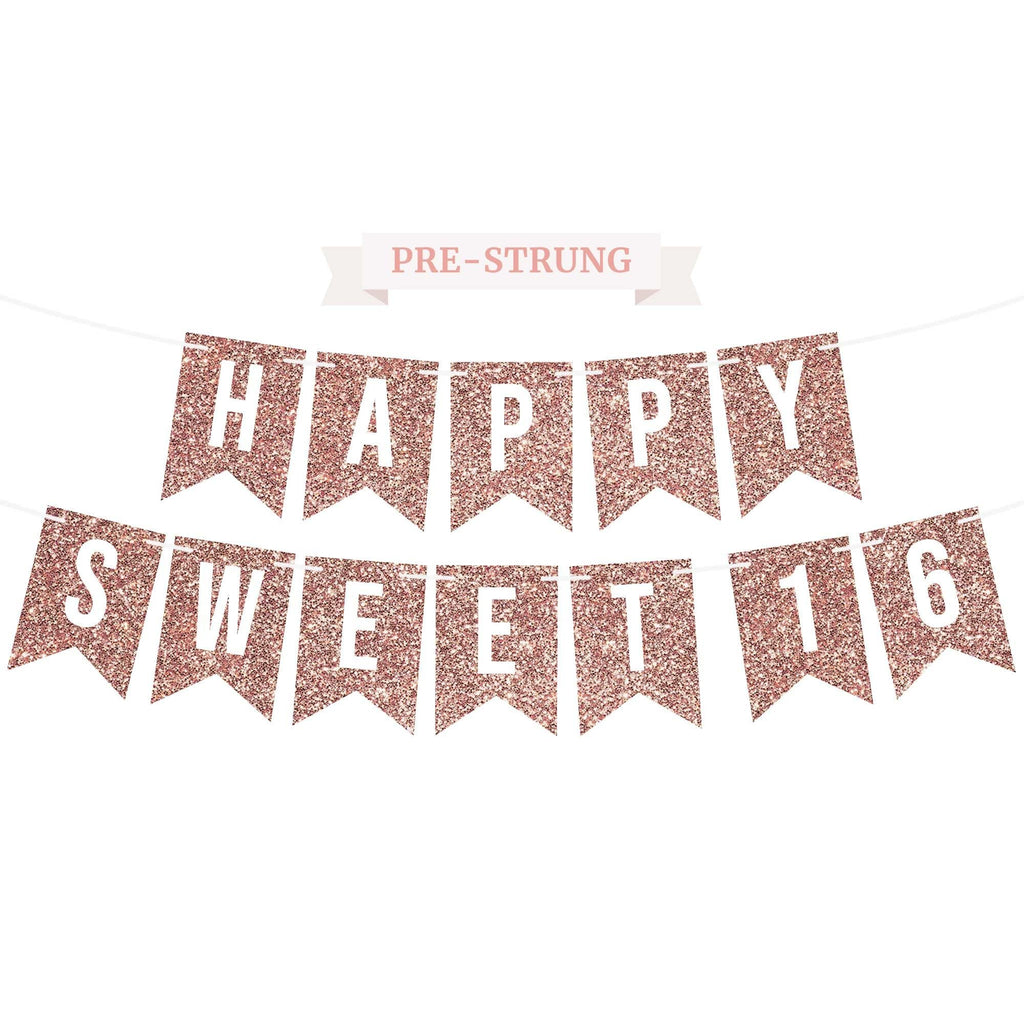 Perfect Occasion Pre-Strung Happy Sweet 16 Banner – No DIY, Rose Gold Glitter, 6 ft