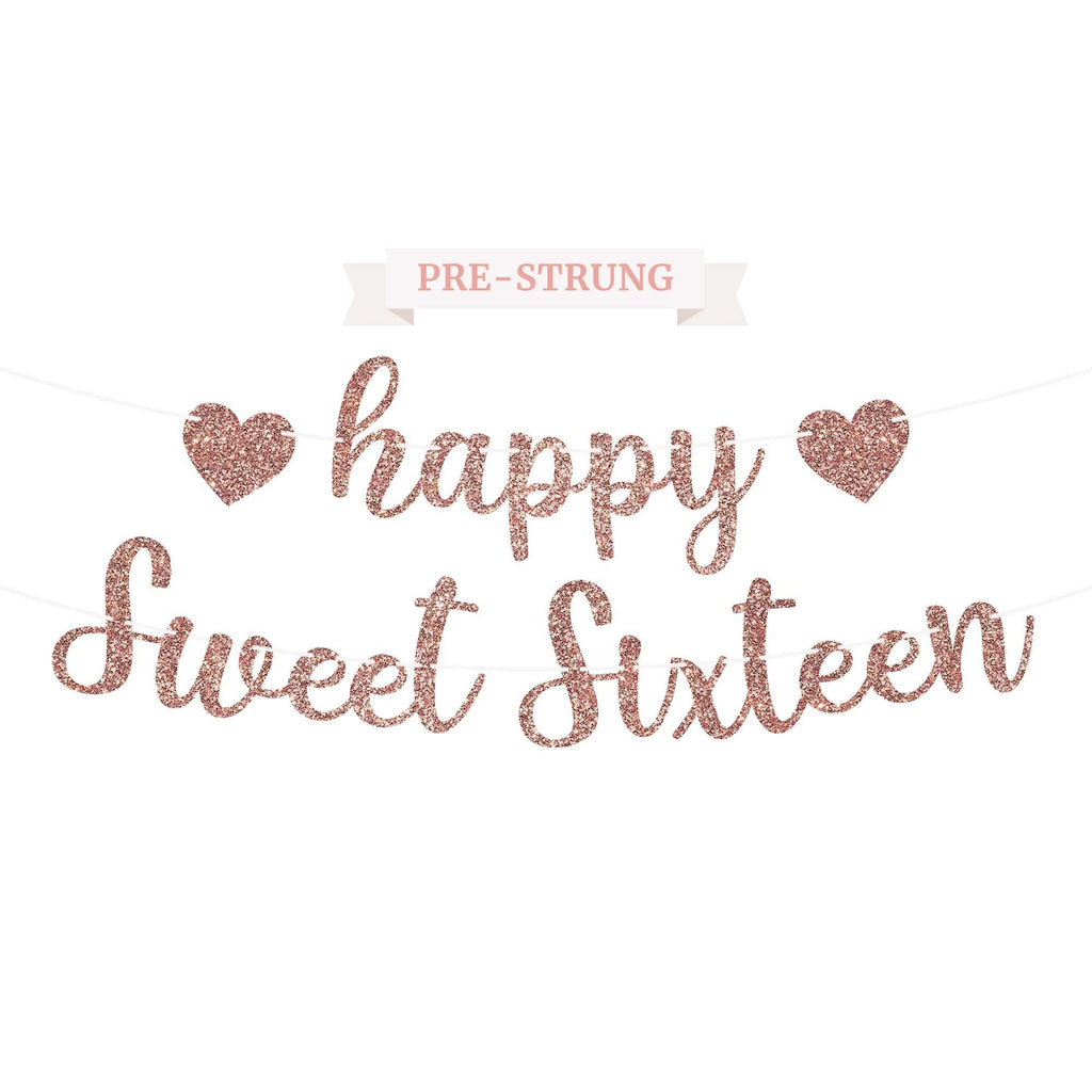 Perfect Occasion Pre-Strung Happy Sweet Sixteen Banner - Rose Gold Glitter, No DIY, 8 ft Strands