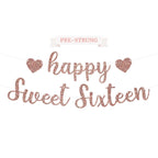 Perfect Occasion Pre-Strung Happy Sweet Sixteen Banner - Rose Gold Glitter, No DIY, 8 ft Strands