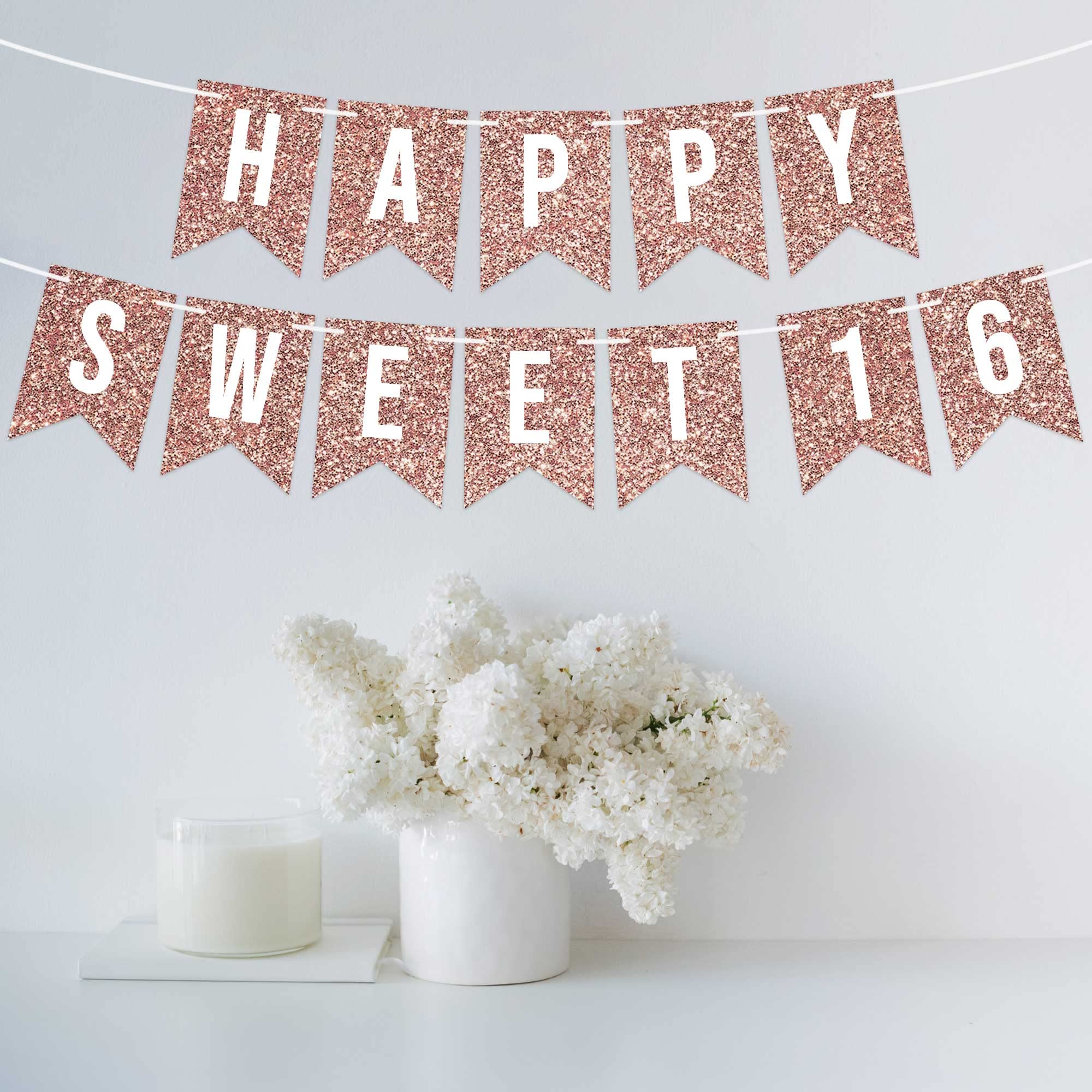 Perfect Occasion Pre-Strung Happy Sweet 16 Banner – No DIY, Rose Gold Glitter, 6 ft