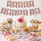 Perfect Occasion Pre-Strung Happy Sweet 16 Banner – No DIY, Rose Gold Glitter, 6 ft