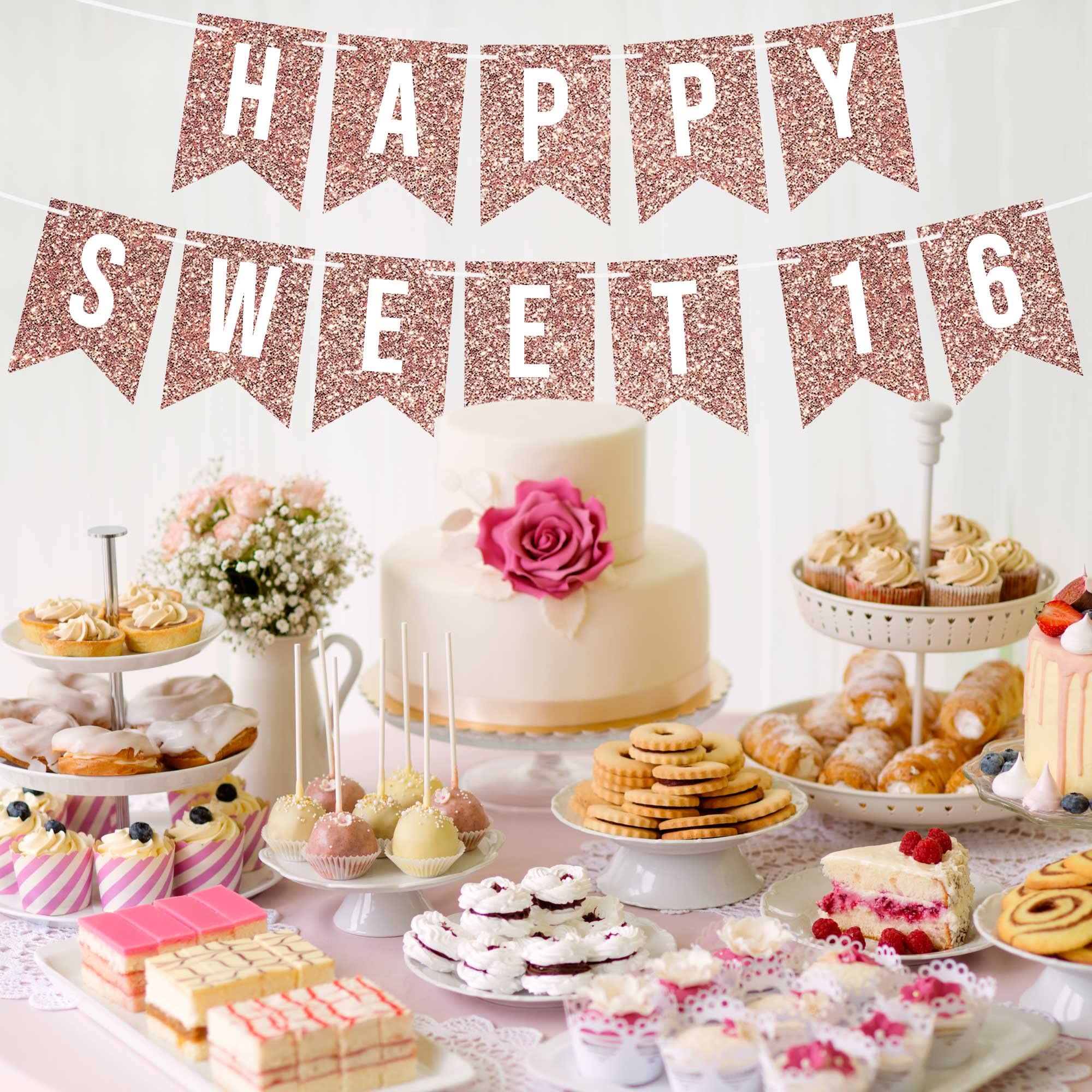 Perfect Occasion Pre-Strung Happy Sweet 16 Banner – No DIY, Rose Gold Glitter, 6 ft