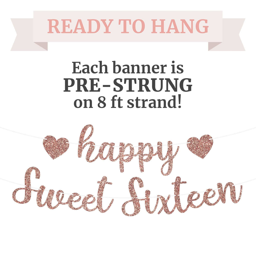 Perfect Occasion Pre-Strung Happy Sweet Sixteen Banner - Rose Gold Glitter, No DIY, 8 ft Strands