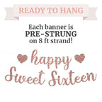 Perfect Occasion Pre-Strung Happy Sweet Sixteen Banner - Rose Gold Glitter, No DIY, 8 ft Strands