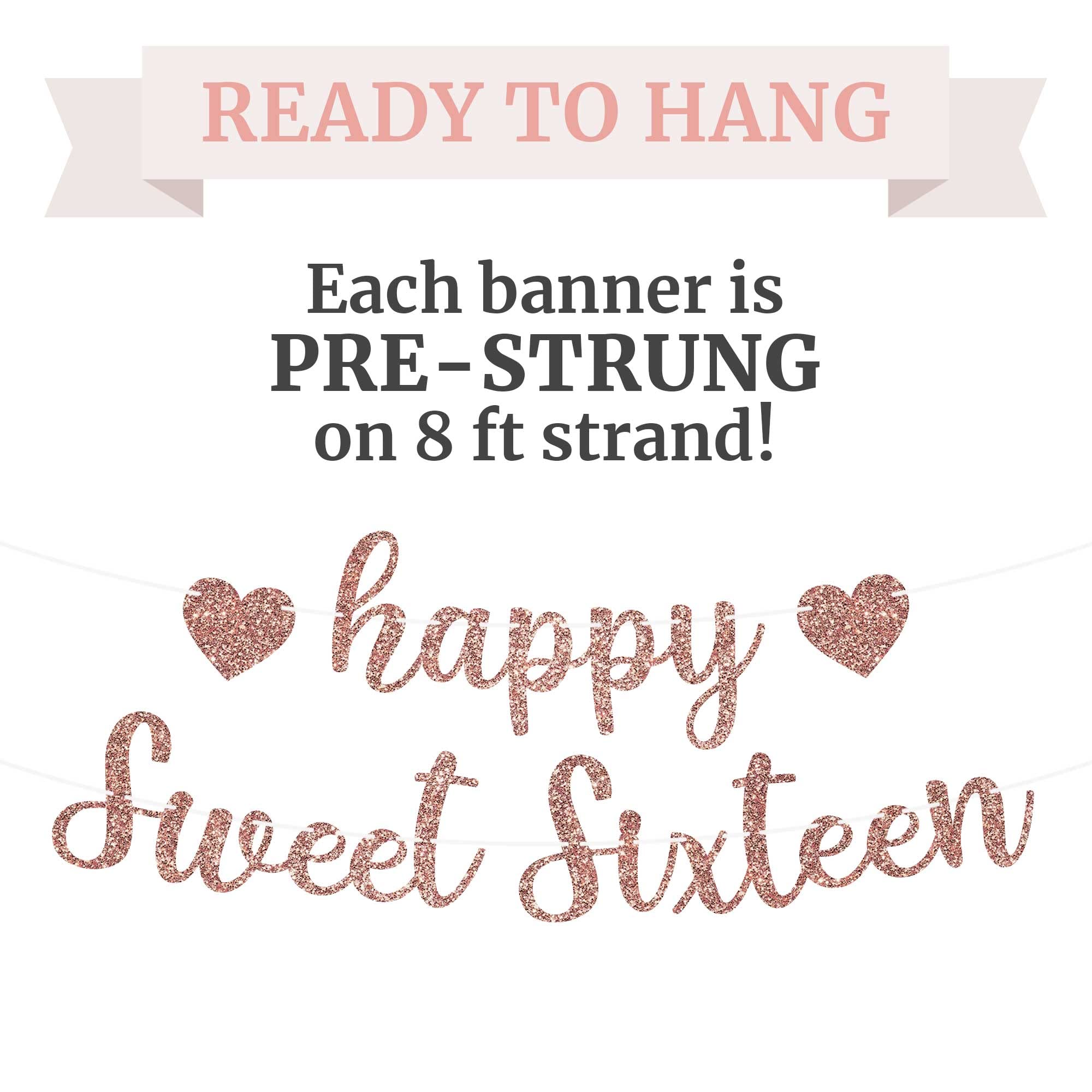 Perfect Occasion Pre-Strung Happy Sweet Sixteen Banner - Rose Gold Glitter, No DIY, 8 ft Strands